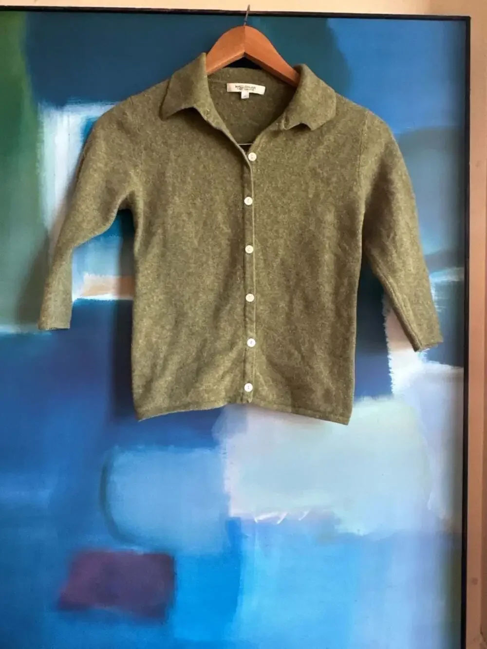 Mallonian Finest Cashmere Olive Green Polo Collar Cardigan
